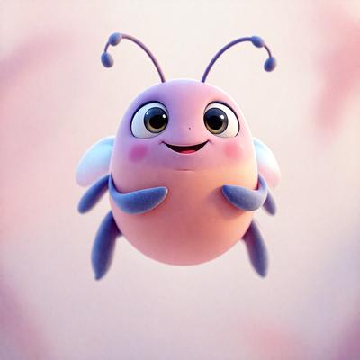 The primary subject of the image is a pink and blue cartoon-like bee with a smile on its face. The bee is flying in the air, and it appears to be the main focus of the image. The setting is a pink background, which adds to the overall mood of the scene. The visual style of the image is a combination of photo and digital art, creating a unique and playful atmosphere.